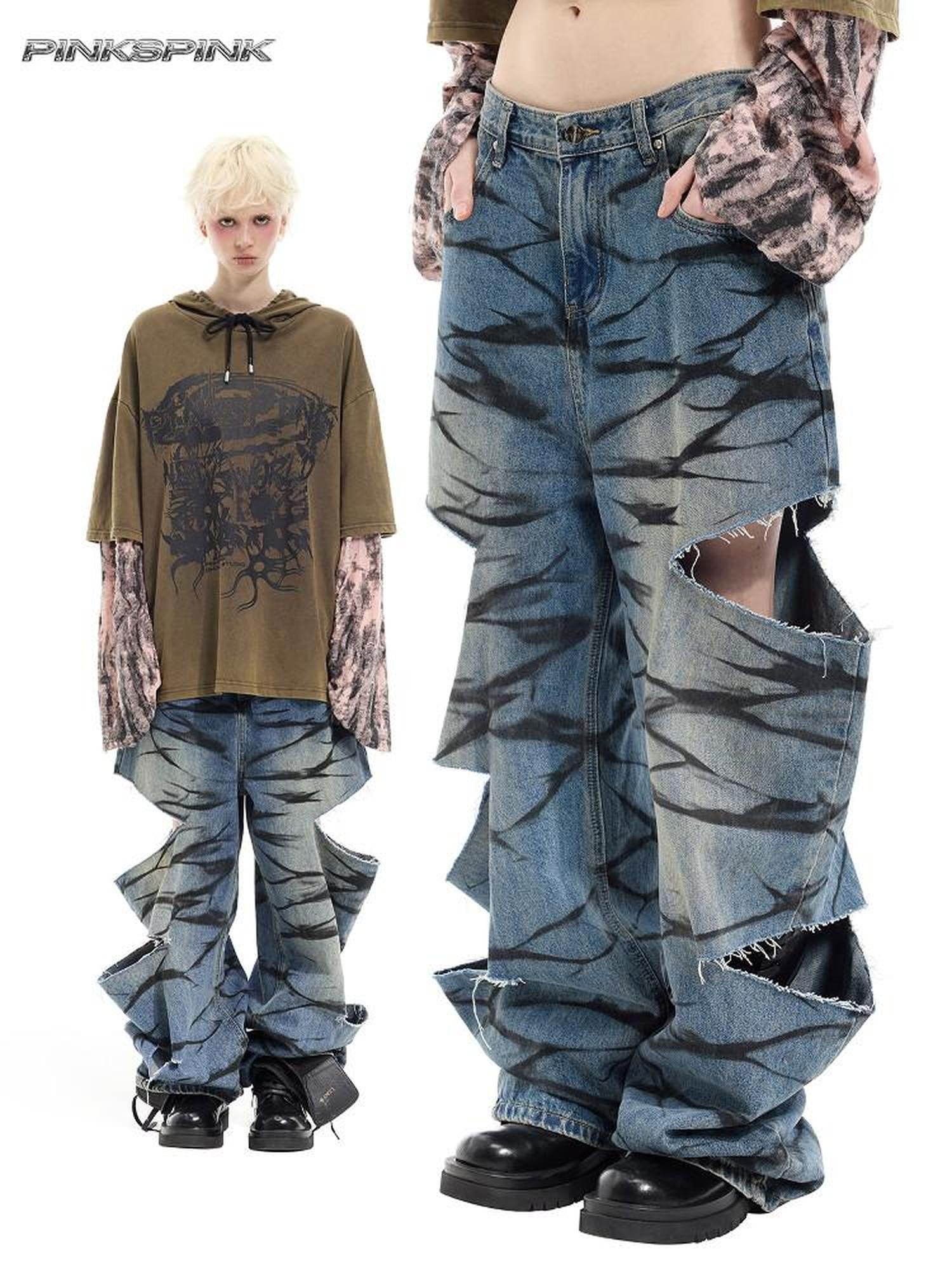 PINKSPINK Remake Layered Graffiti Low Rise Loose Women's Denim Ripped Jeans