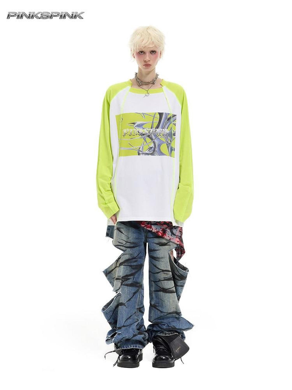 PINKSPINK Remake Layered Graffiti Low Rise Loose Women's Denim Ripped Jeans