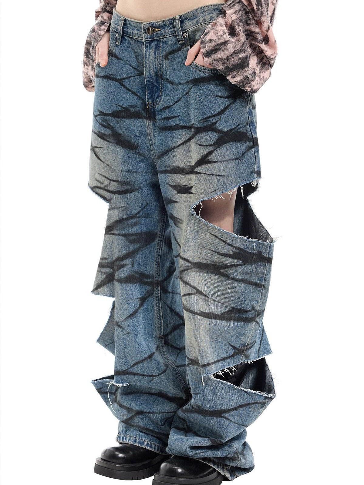 PINKSPINK Remake Layered Graffiti Low Rise Loose Women's Denim Ripped Jeans