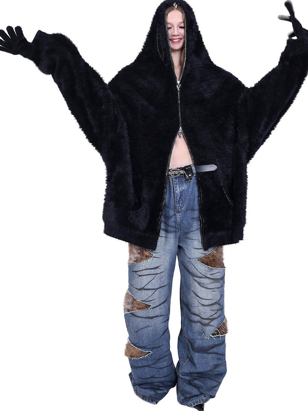 PINKSPINK Reversible Hooded Midlength Oversized Zipper Women's Mink Fleece Cardigans