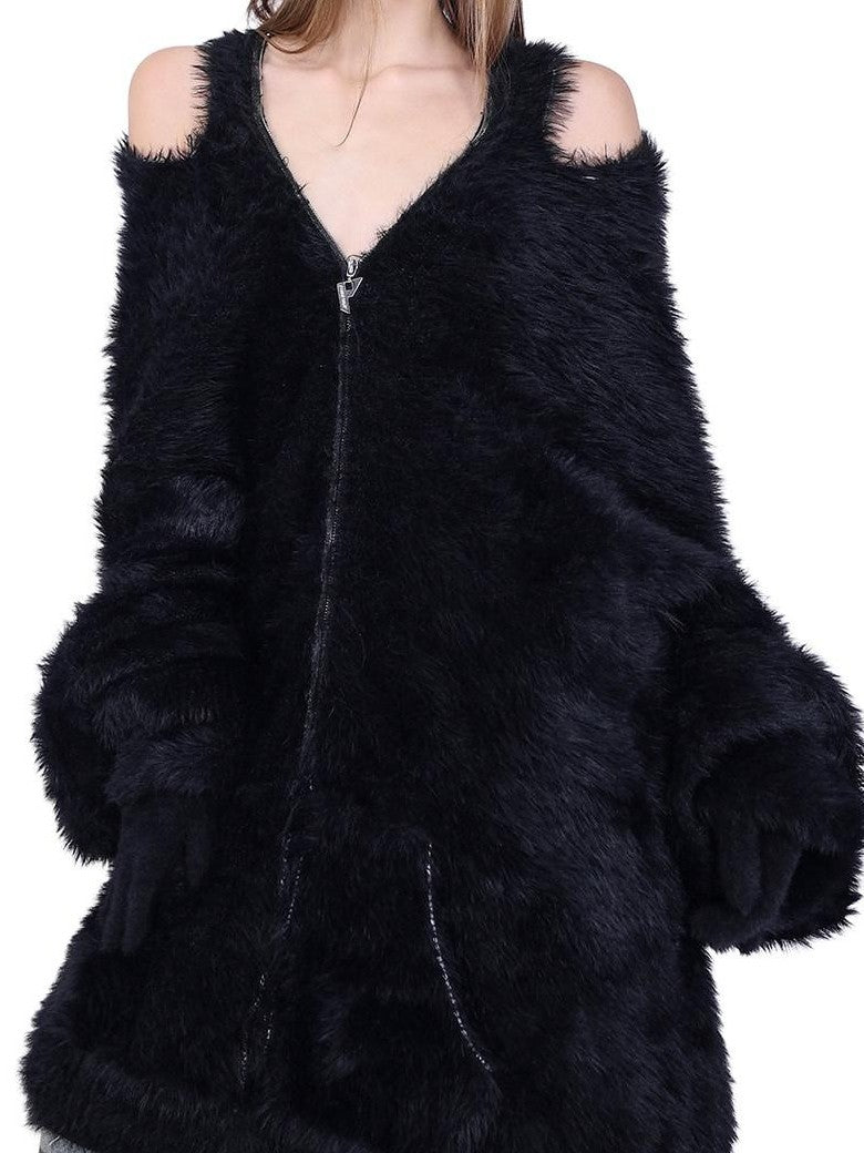 PINKSPINK Reversible Hooded Midlength Oversized Zipper Women's Mink Fleece Cardigans
