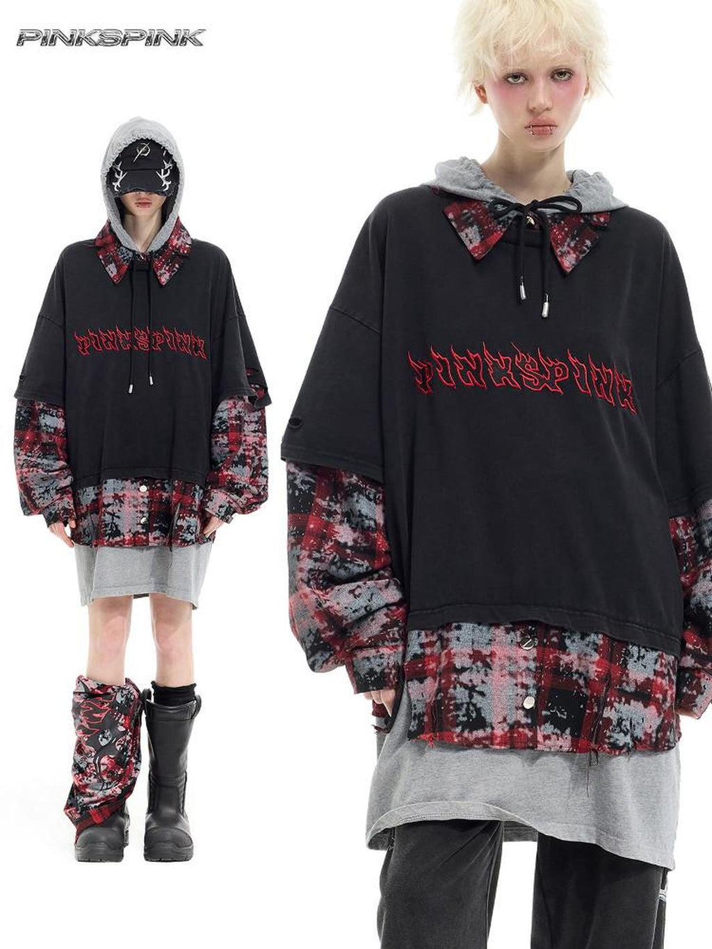 Reworked Layered Hooded Lettered Oversized Women's Cotton Long Sleeve T-shirts