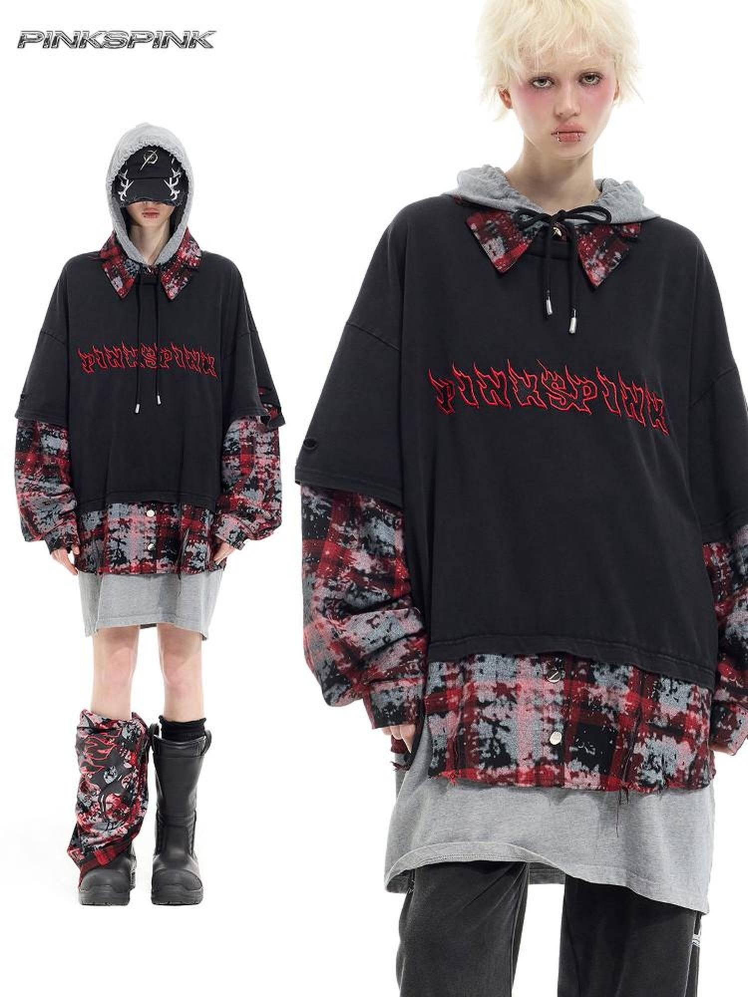 Reworked Layered Hooded Lettered Oversized Women's Cotton Long Sleeve T-shirts
