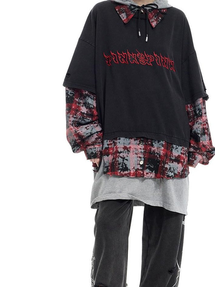 Reworked Layered Hooded Lettered Oversized Women's Cotton Long Sleeve T-shirts