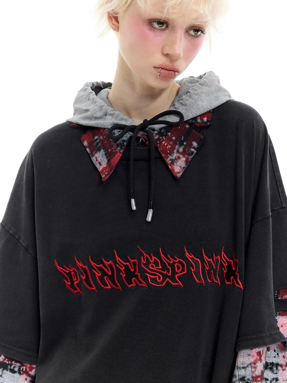 Reworked Layered Hooded Lettered Oversized Women's Cotton Long Sleeve T-shirts