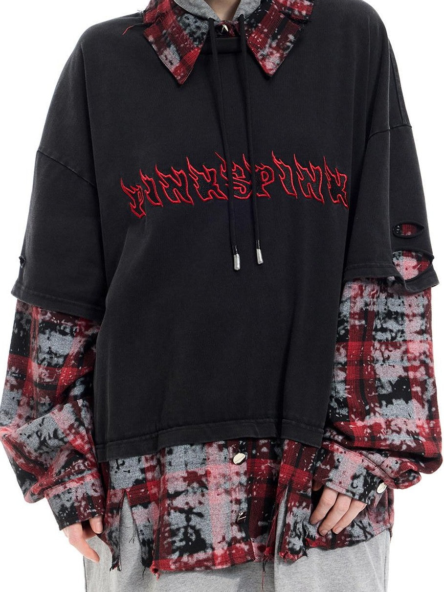 Reworked Layered Hooded Lettered Oversized Women's Cotton Long Sleeve T-shirts