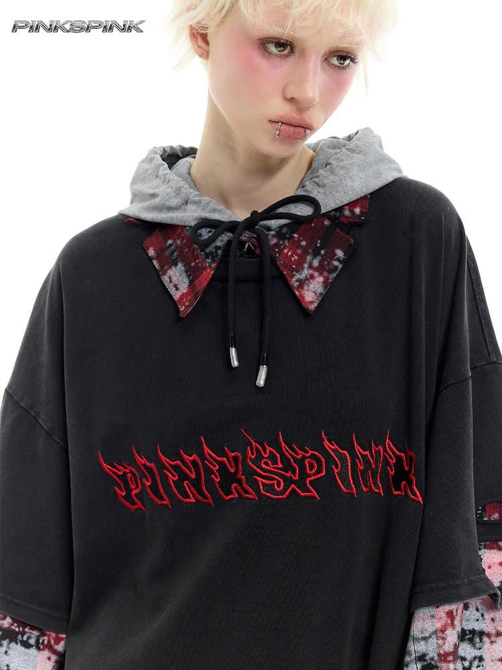 Reworked Layered Hooded Lettered Oversized Women's Cotton Long Sleeve T-shirts