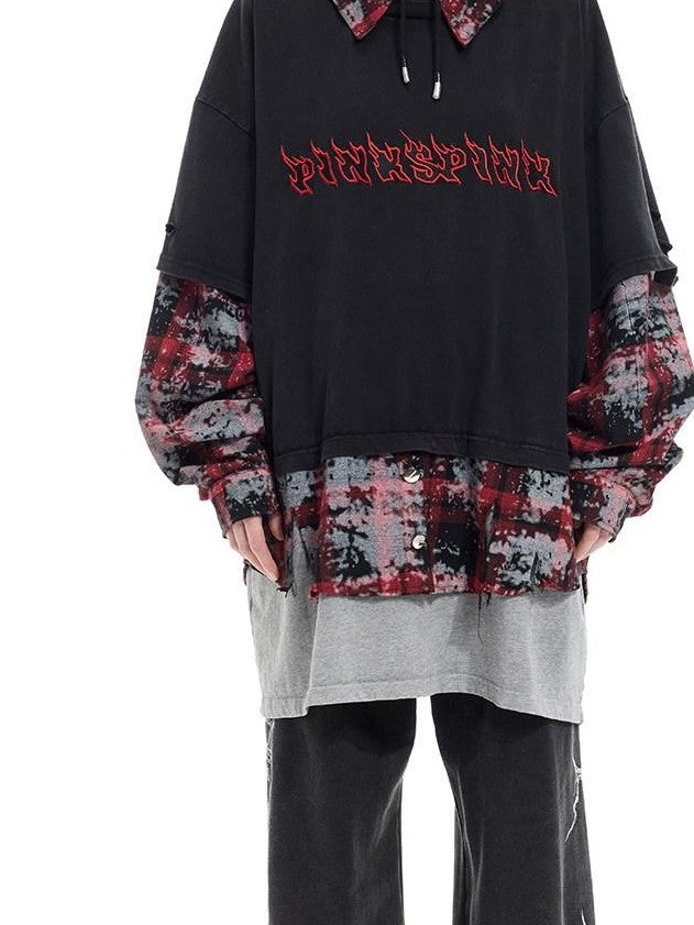 Reworked Layered Hooded Lettered Oversized Women's Cotton Long Sleeve T-shirts