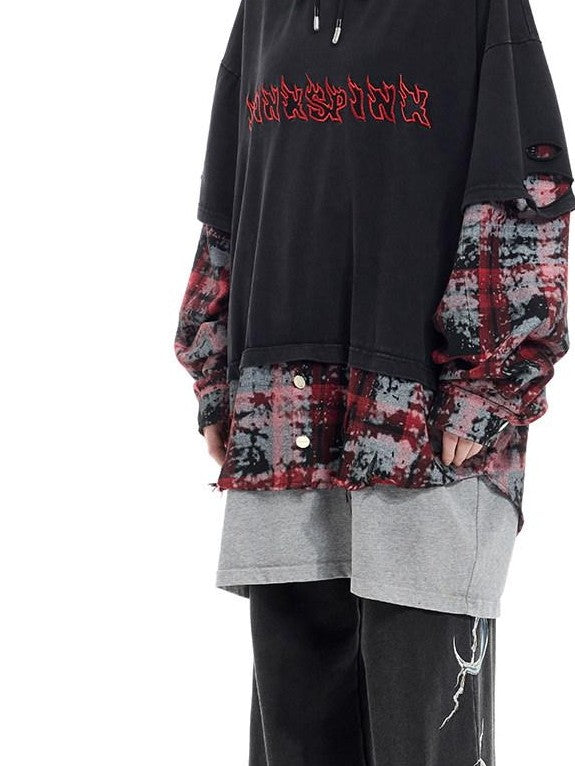 Reworked Layered Hooded Lettered Oversized Women's Cotton Long Sleeve T-shirts