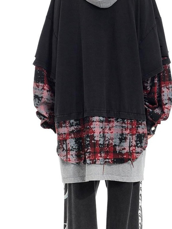 Reworked Layered Hooded Lettered Oversized Women's Cotton Long Sleeve T-shirts