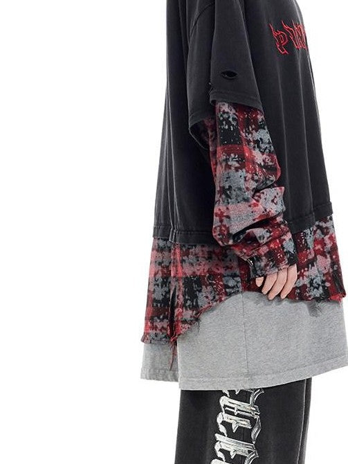 Reworked Layered Hooded Lettered Oversized Women's Cotton Long Sleeve T-shirts