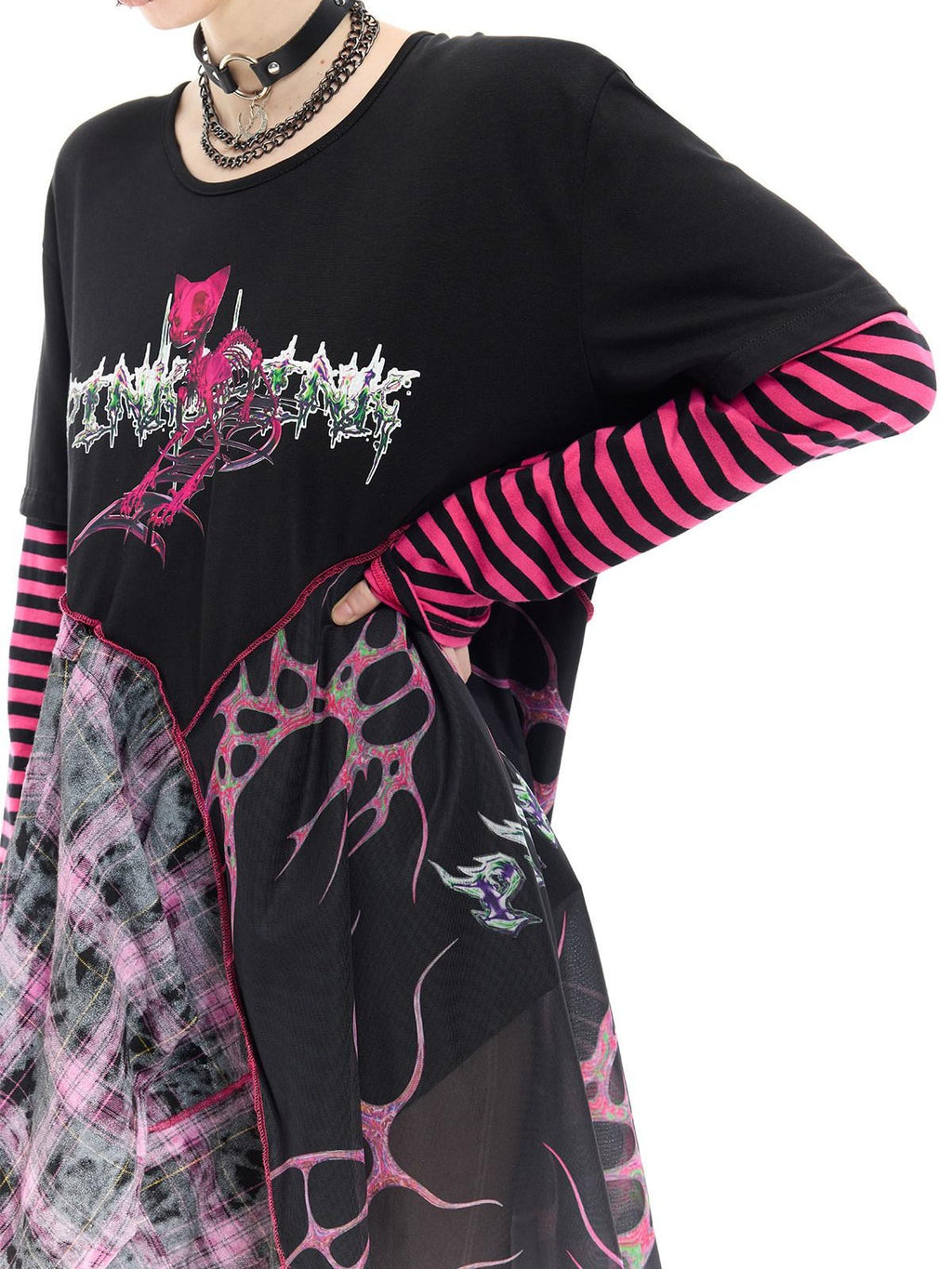PINKSPINK Reworked Striped T Splice Mesh Asymmetric Women's Cotton Casual Midi Dresses