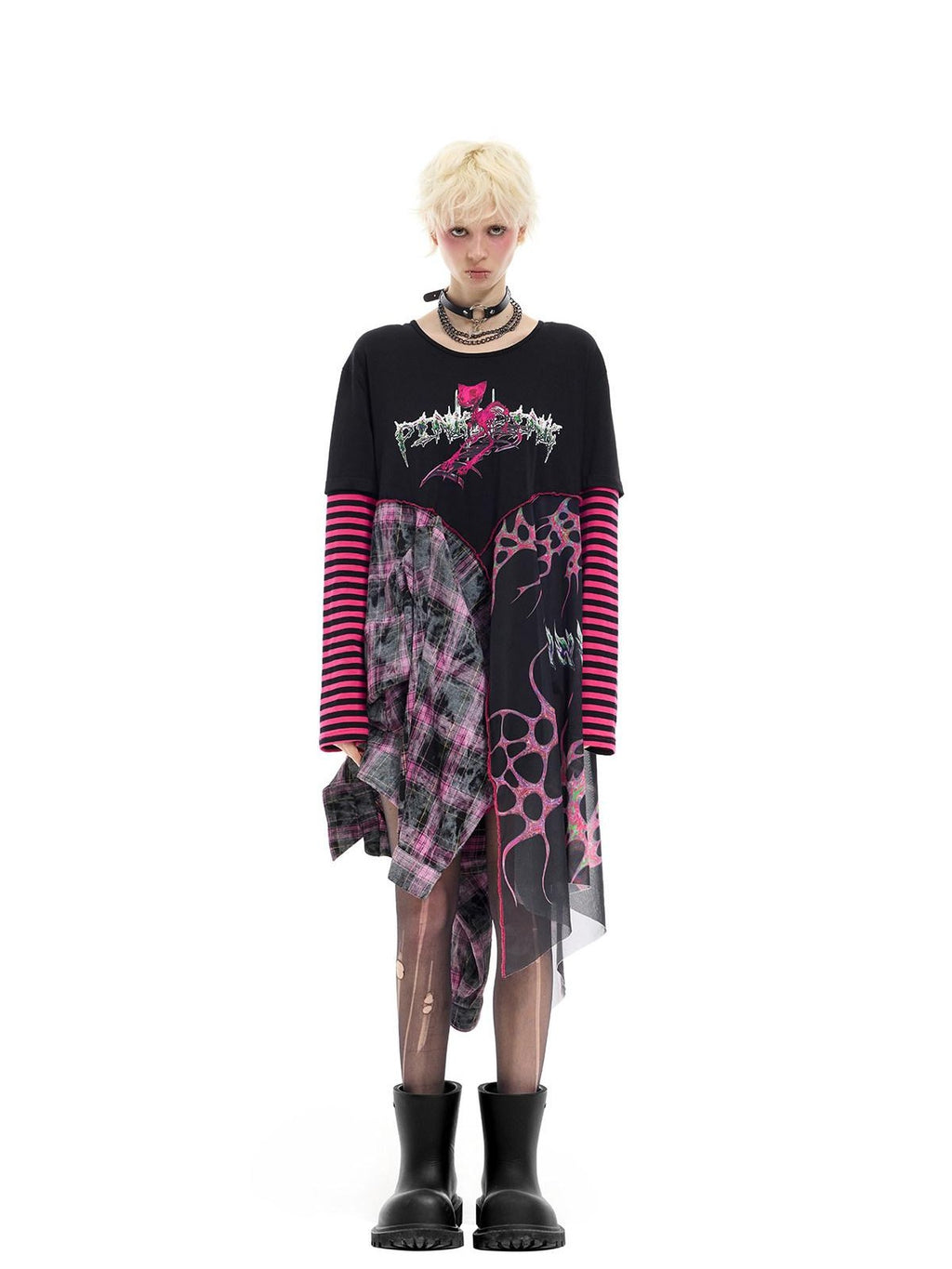 PINKSPINK Reworked Striped T Splice Mesh Asymmetric Women's Cotton Casual Midi Dresses