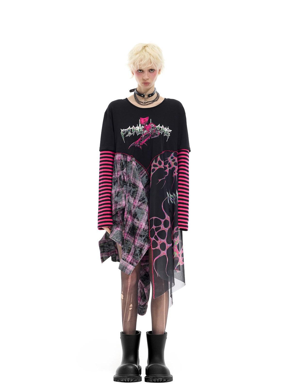 PINKSPINK Reworked Striped T Splice Mesh Asymmetric Women's Cotton Casual Midi Dresses