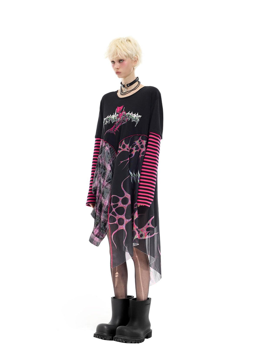 PINKSPINK Reworked Striped T Splice Mesh Asymmetric Women's Cotton Casual Midi Dresses