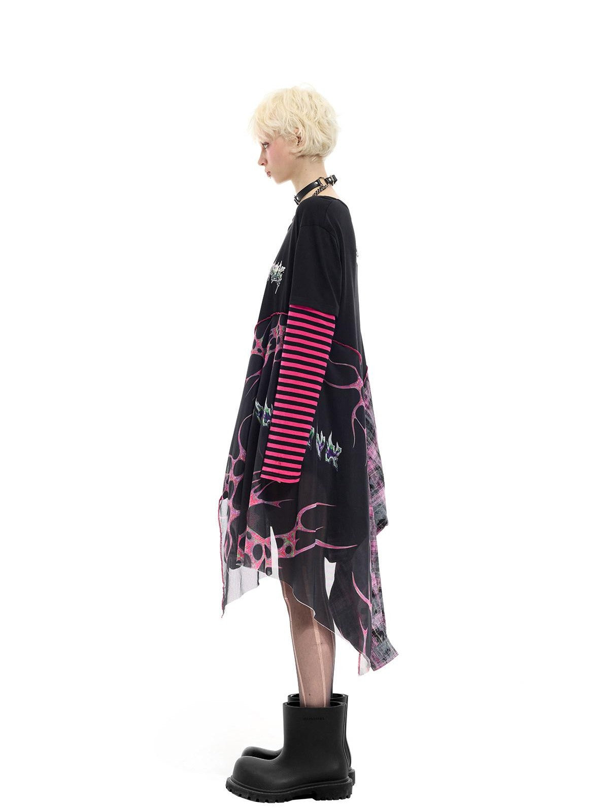 PINKSPINK Reworked Striped T Splice Mesh Asymmetric Women's Cotton Casual Midi Dresses