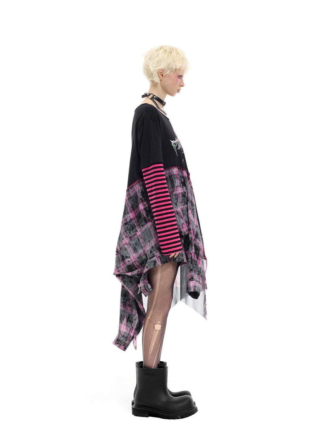 PINKSPINK Reworked Striped T Splice Mesh Asymmetric Women's Cotton Casual Midi Dresses