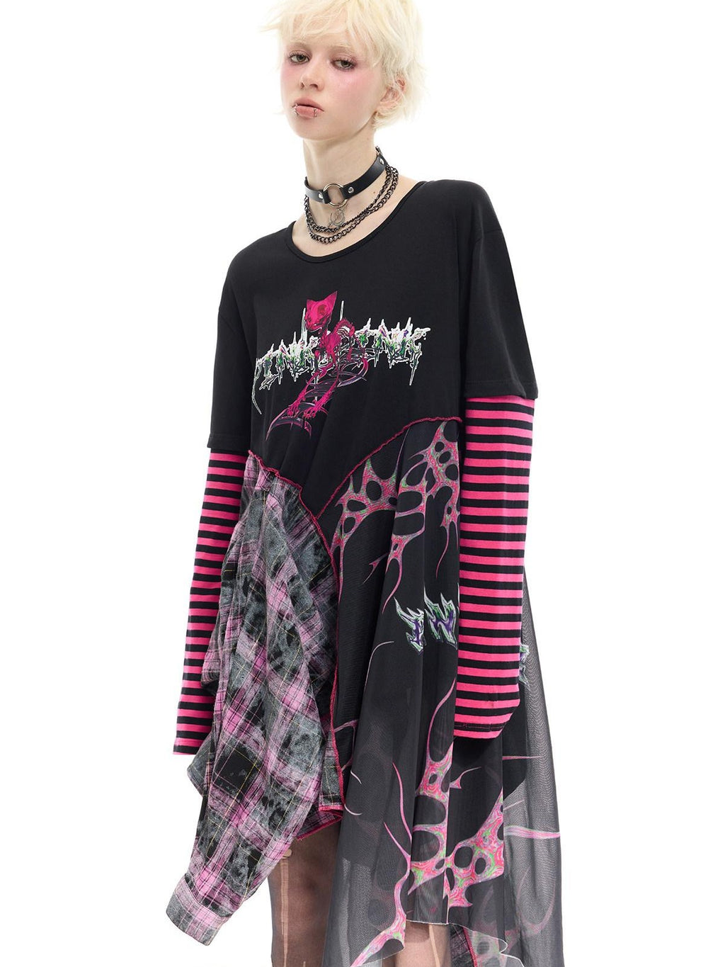 PINKSPINK Reworked Striped T Splice Mesh Asymmetric Women's Cotton Casual Midi Dresses