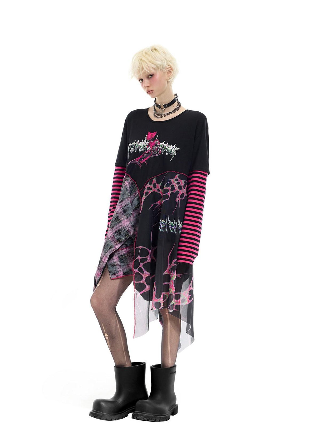 PINKSPINK Reworked Striped T Splice Mesh Asymmetric Women's Cotton Casual Midi Dresses