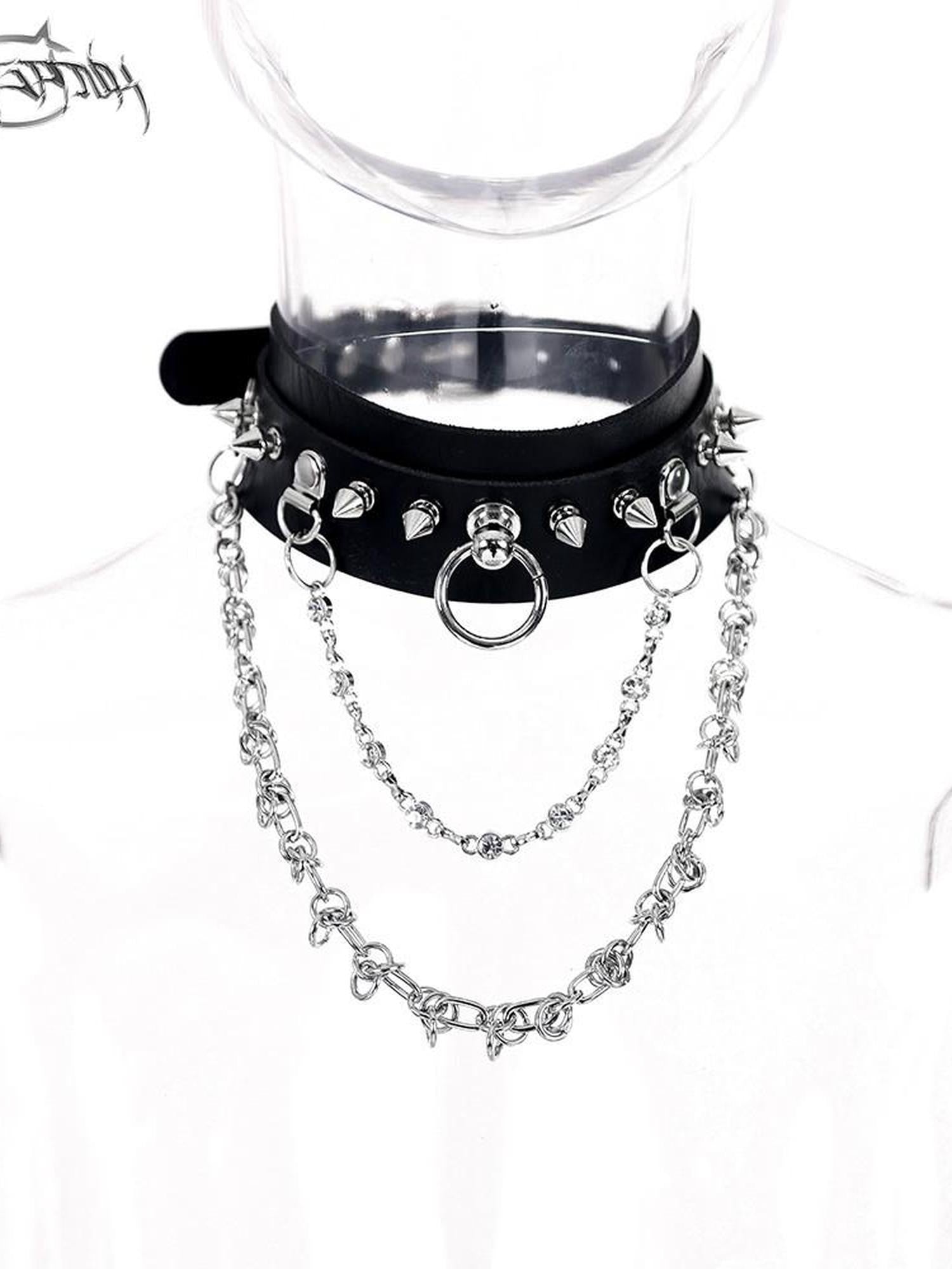 PINKSPINK Rhinestone Studded Layered Rock Choker Women's Pu Leather Necklaces