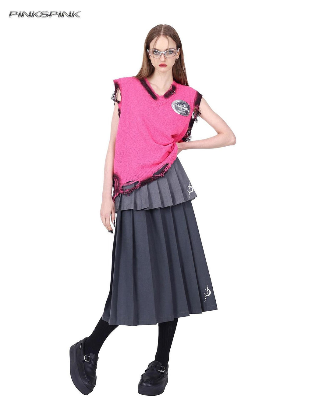PINKSPINK Rivet Spliced 3way Sculptural Detachable Ring Women's Cotton Pleated Skirts