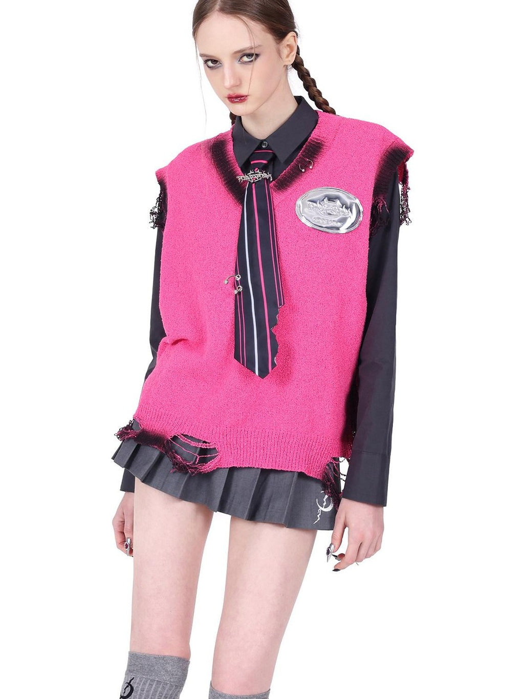 PINKSPINK Rivet Spliced 3way Sculptural Detachable Ring Women's Cotton Pleated Skirts