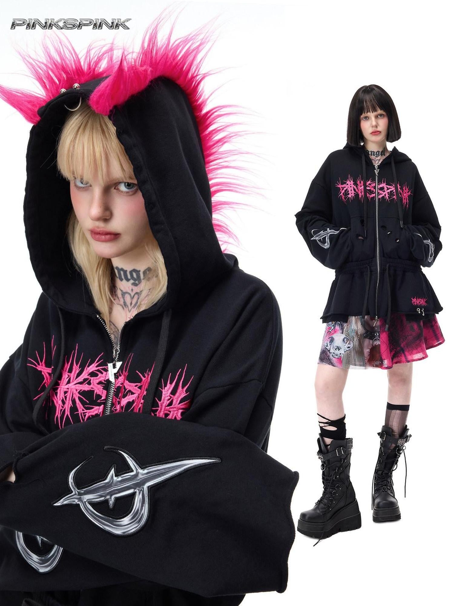 PINKSPINK Riveted Hand Distressed Punk Mohawk Oversized Women's Zip-up Hoodies