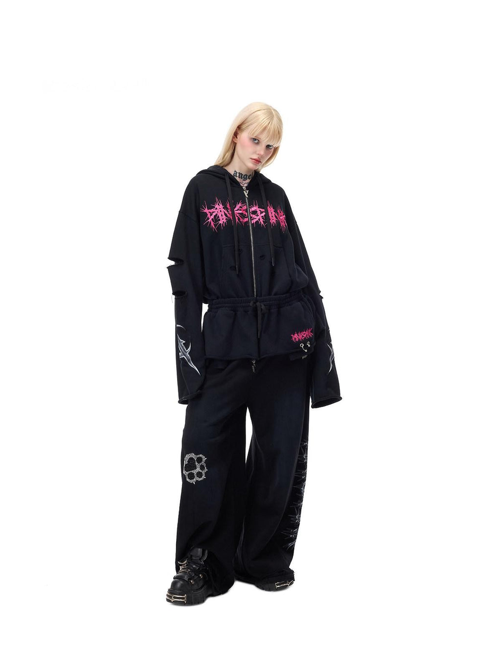 PINKSPINK Riveted Hand Distressed Punk Mohawk Oversized Women's Zip-up Hoodies