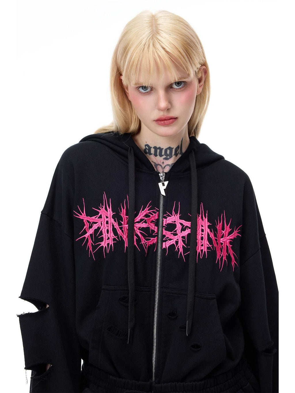 PINKSPINK Riveted Hand Distressed Punk Mohawk Oversized Women's Zip-up Hoodies