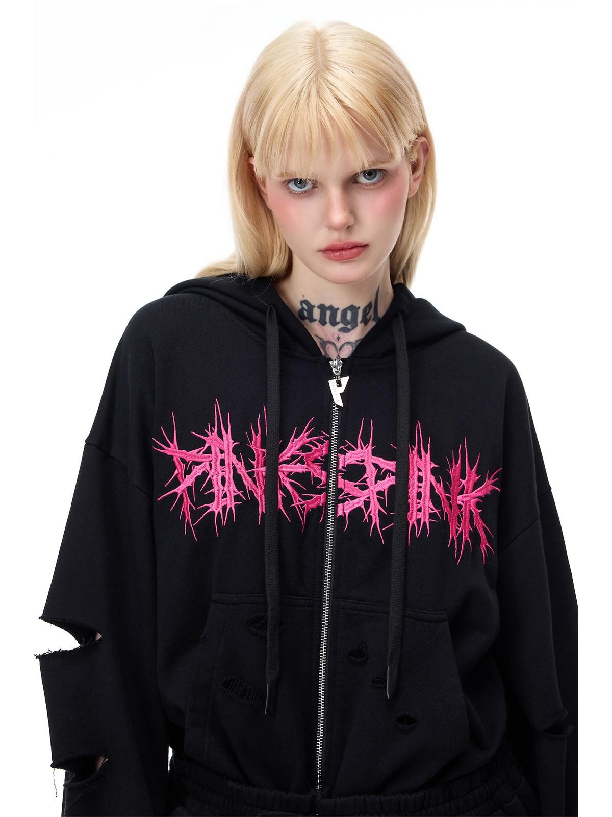 PINKSPINK Riveted Hand Distressed Punk Mohawk Oversized Women's Zip-up Hoodies