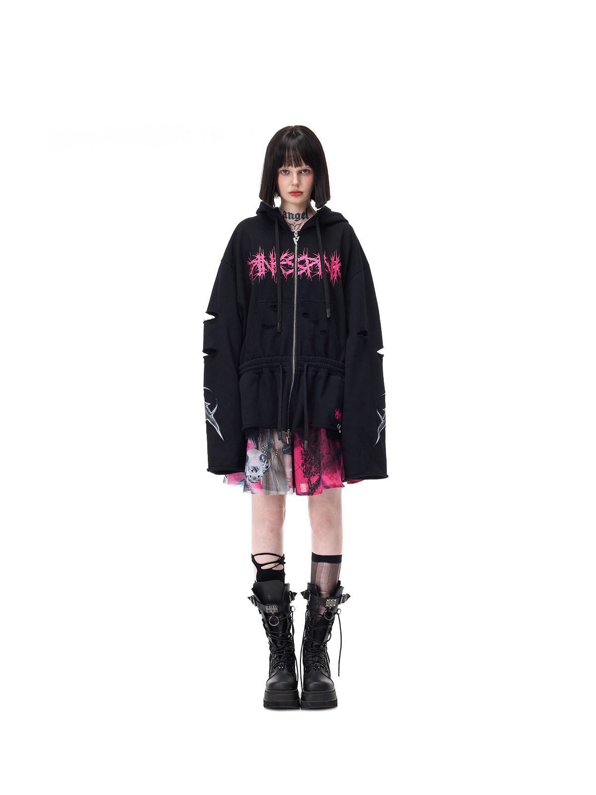 PINKSPINK Riveted Hand Distressed Punk Mohawk Oversized Women's Zip-up Hoodies