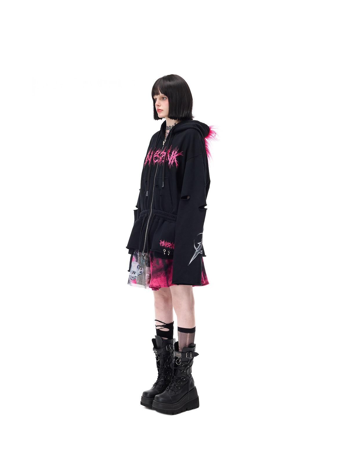 PINKSPINK Riveted Hand Distressed Punk Mohawk Oversized Women's Zip-up Hoodies
