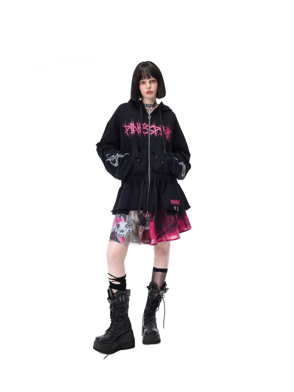 PINKSPINK Riveted Hand Distressed Punk Mohawk Oversized Women's Zip-up Hoodies