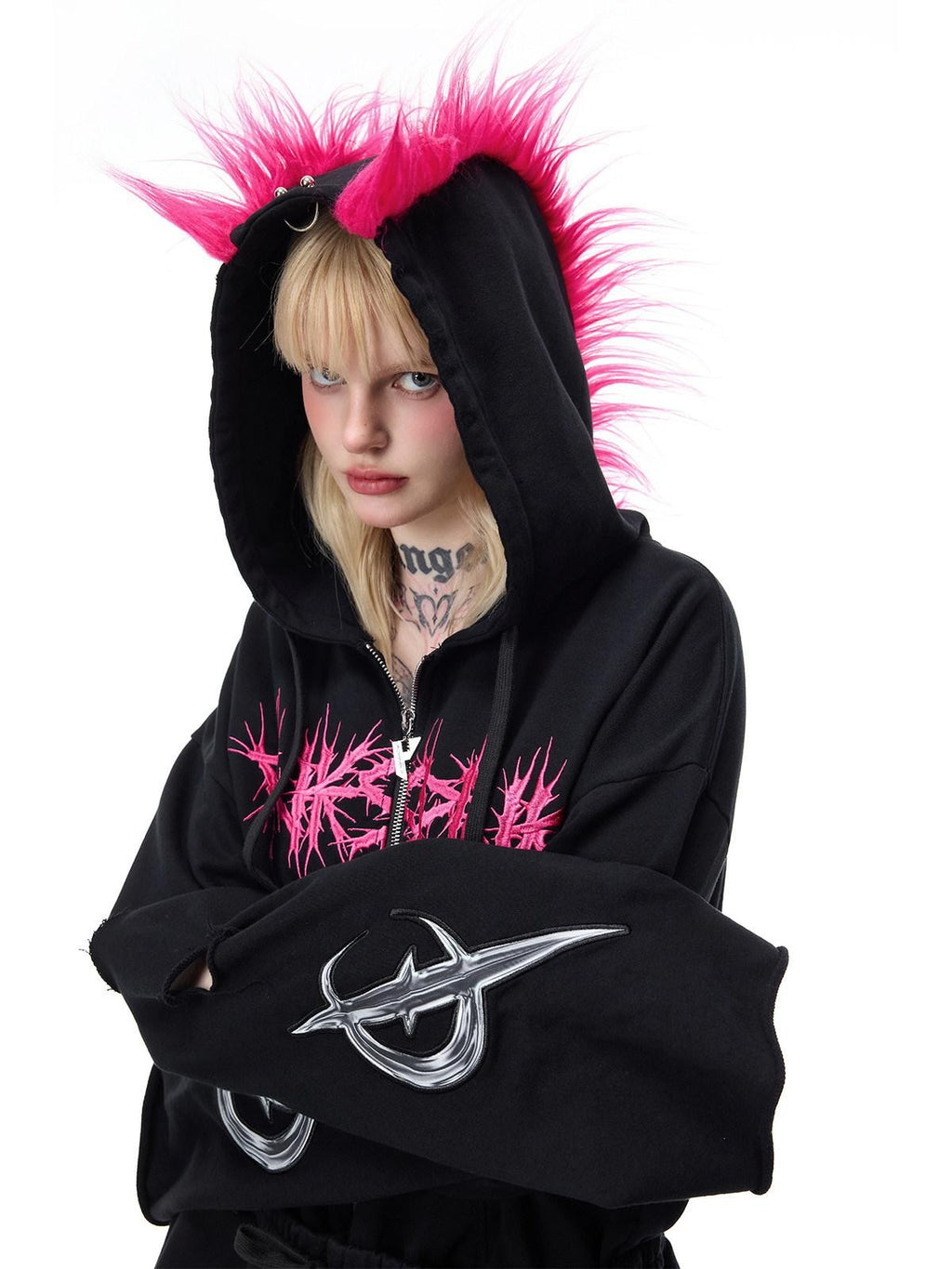 PINKSPINK Riveted Hand Distressed Punk Mohawk Oversized Women's Zip-up Hoodies