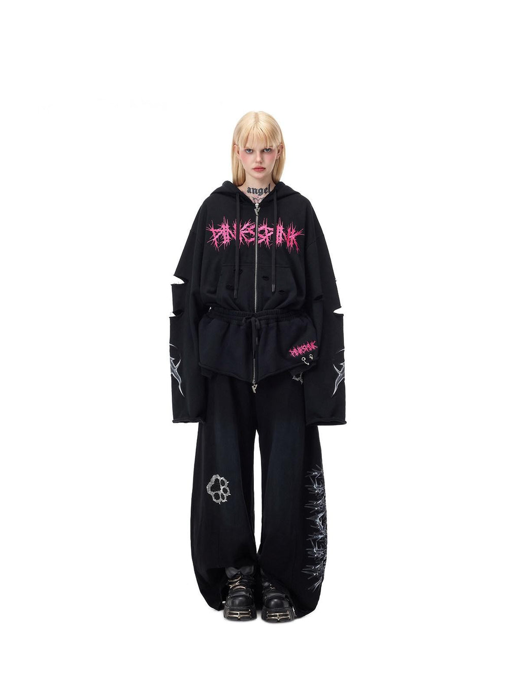 PINKSPINK Riveted Hand Distressed Punk Mohawk Oversized Women's Zip-up Hoodies