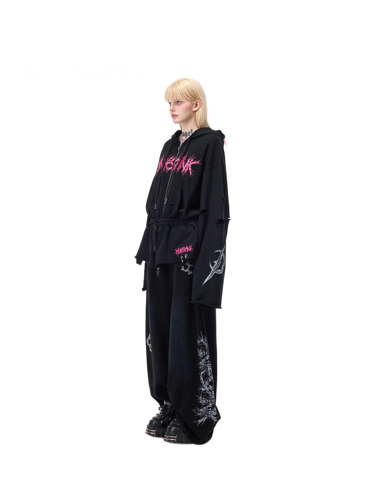PINKSPINK Riveted Hand Distressed Punk Mohawk Oversized Women's Zip-up Hoodies