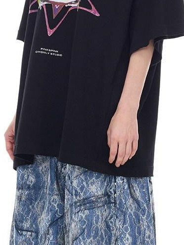 PINKSPINK Riveted Lace Embroidered Paint Splatter Baggy Women's Cotton Cropped Jeans