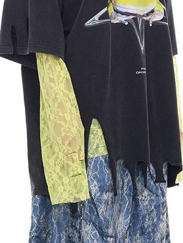 PINKSPINK Riveted Lace Embroidered Paint Splatter Baggy Women's Cotton Cropped Jeans