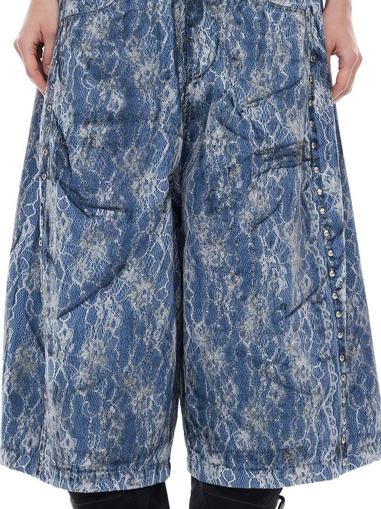 PINKSPINK Riveted Lace Embroidered Paint Splatter Baggy Women's Cotton Cropped Jeans