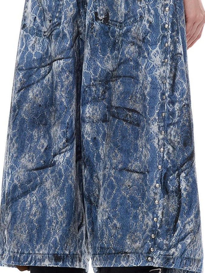 PINKSPINK Riveted Lace Embroidered Paint Splatter Baggy Women's Cotton Cropped Jeans