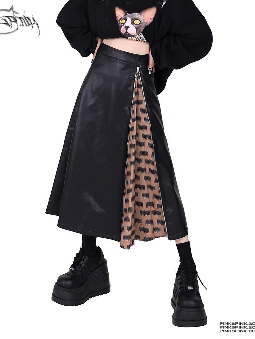 PINKSPINK Rock Colorblock Zipper Lettering Aline Women's Faux Leather Skirts