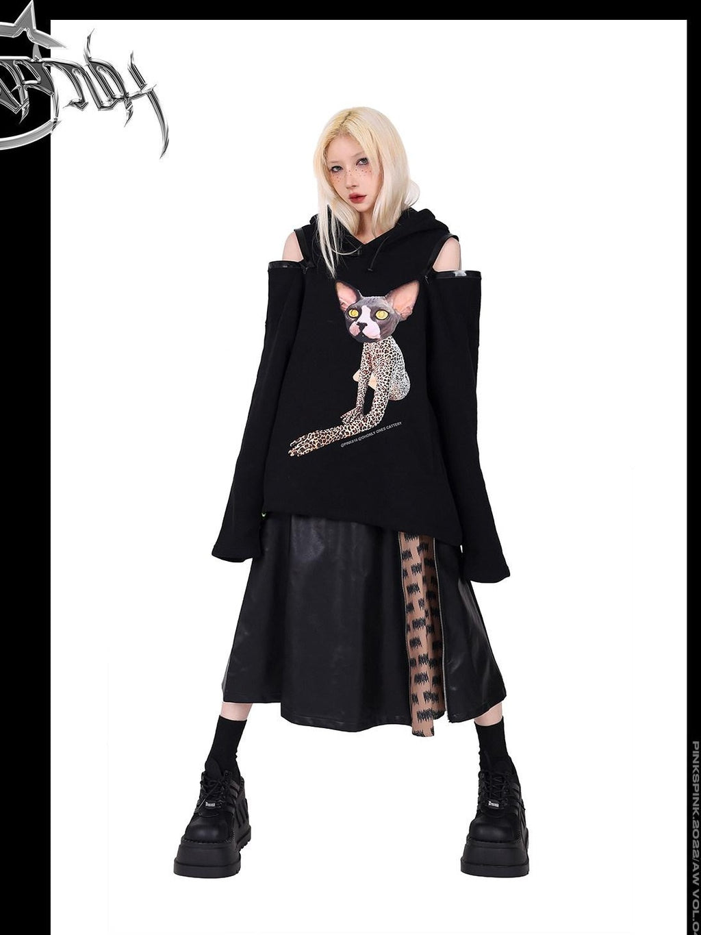 PINKSPINK Rock Colorblock Zipper Lettering Aline Women's Faux Leather Skirts
