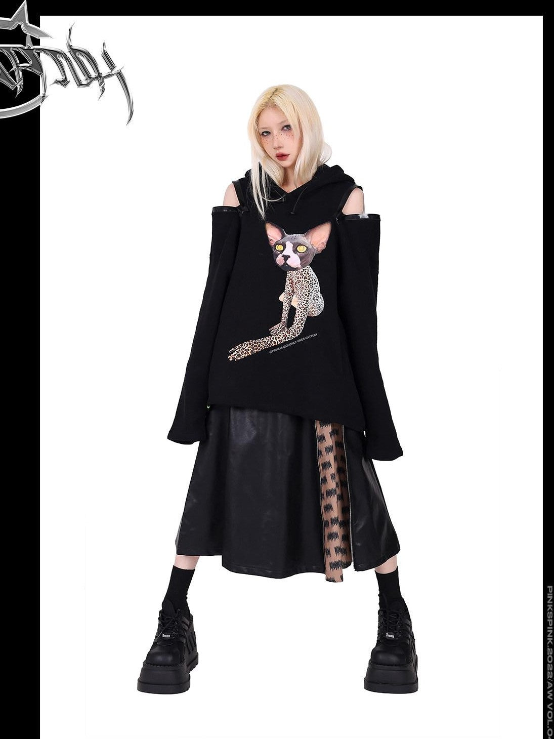 PINKSPINK Rock Colorblock Zipper Lettering Aline Women's Faux Leather Skirts