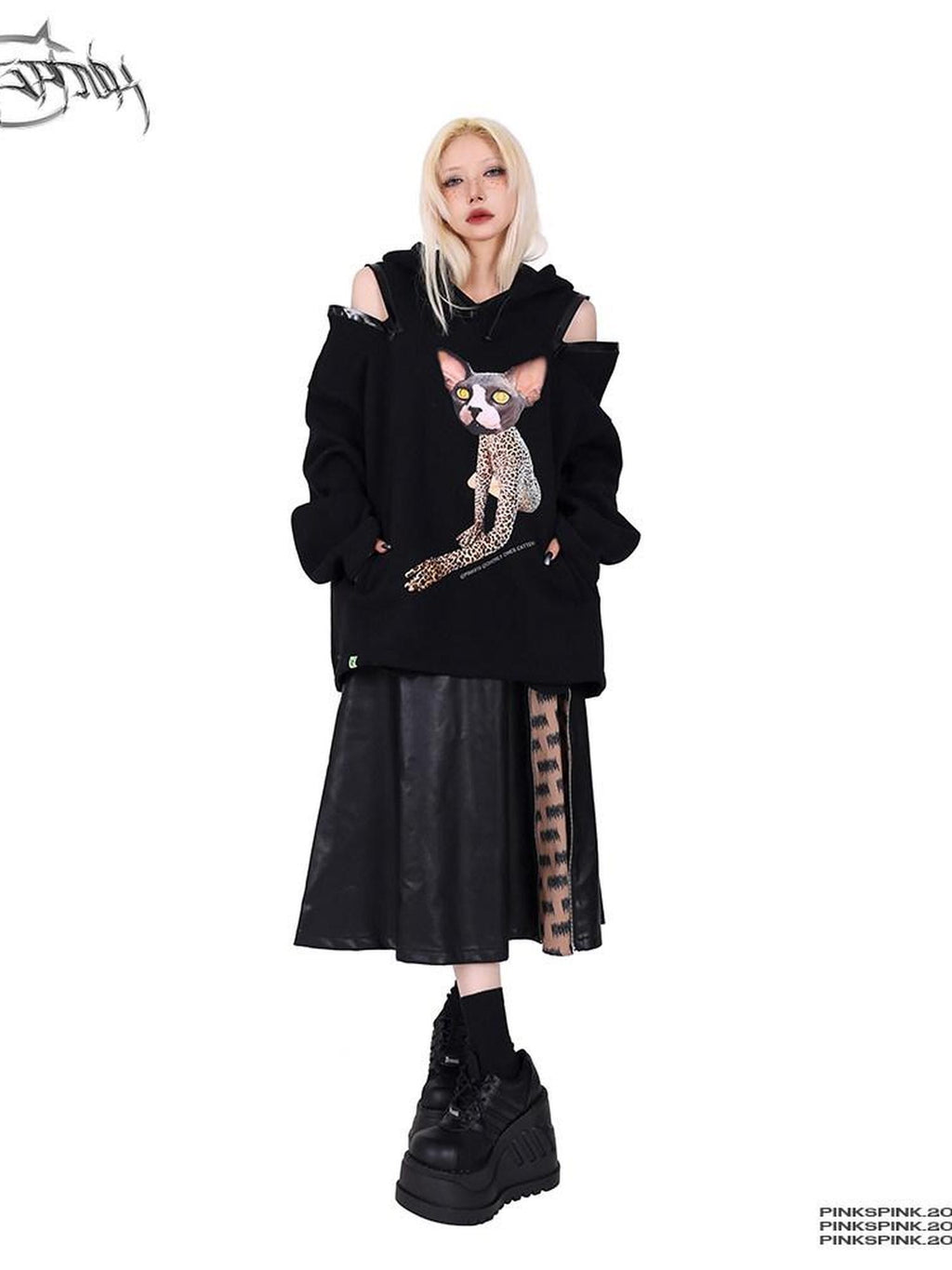 PINKSPINK Rock Colorblock Zipper Lettering Aline Women's Faux Leather Skirts