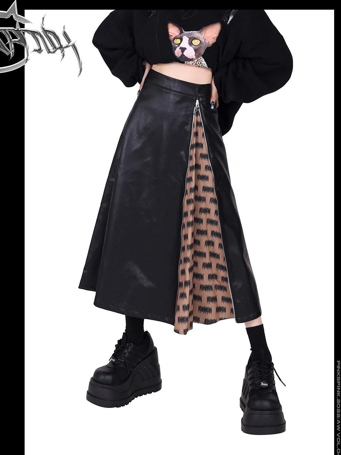 PINKSPINK Rock Colorblock Zipper Lettering Aline Women's Faux Leather Skirts