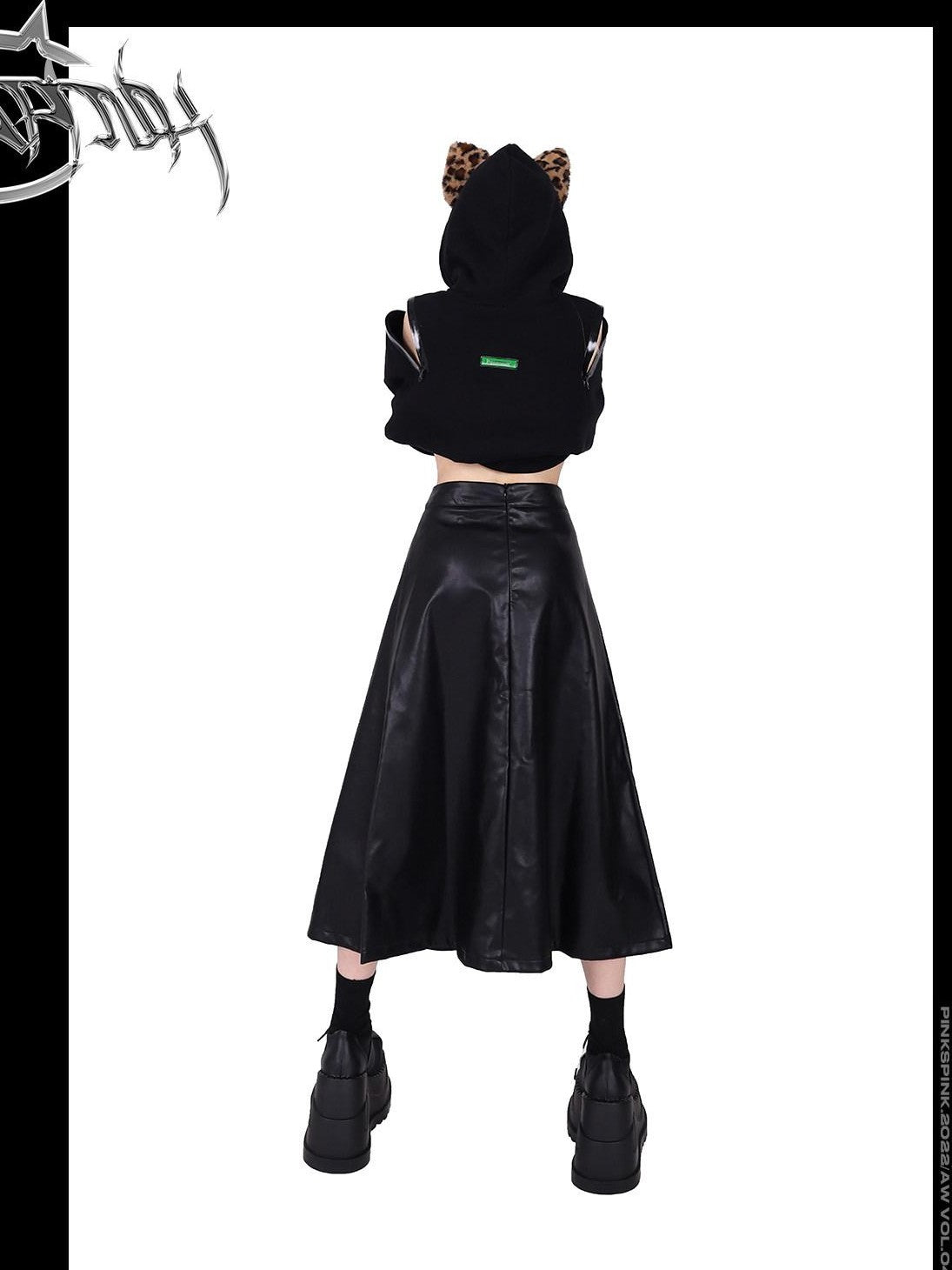 PINKSPINK Rock Colorblock Zipper Lettering Aline Women's Faux Leather Skirts