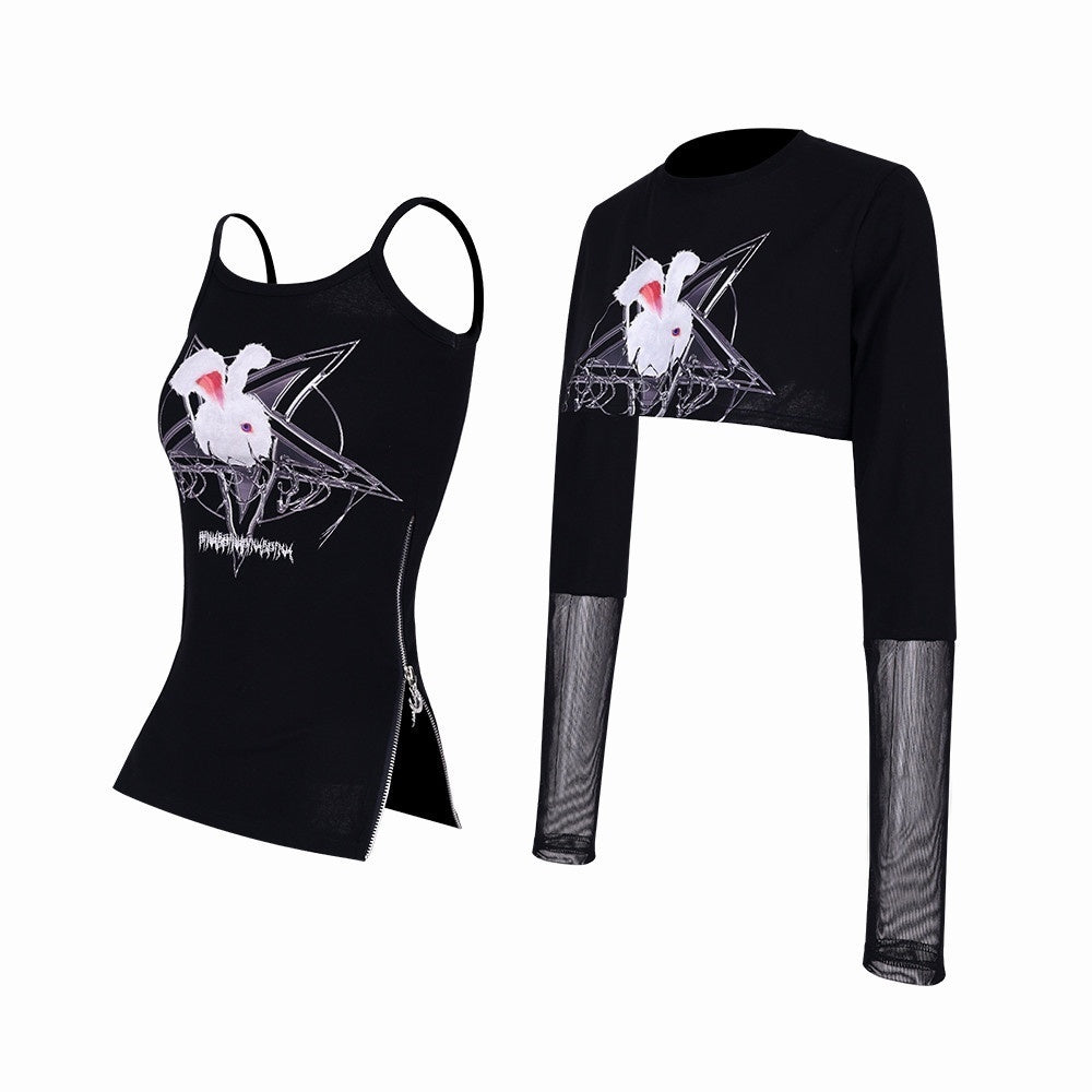 PINKSPINK_Rock_Rabbit_Patchwork_Mesh_Zip_Print_Slim_Women's_Long_Sleeve_T-shirts_710735532918_MISSTT
