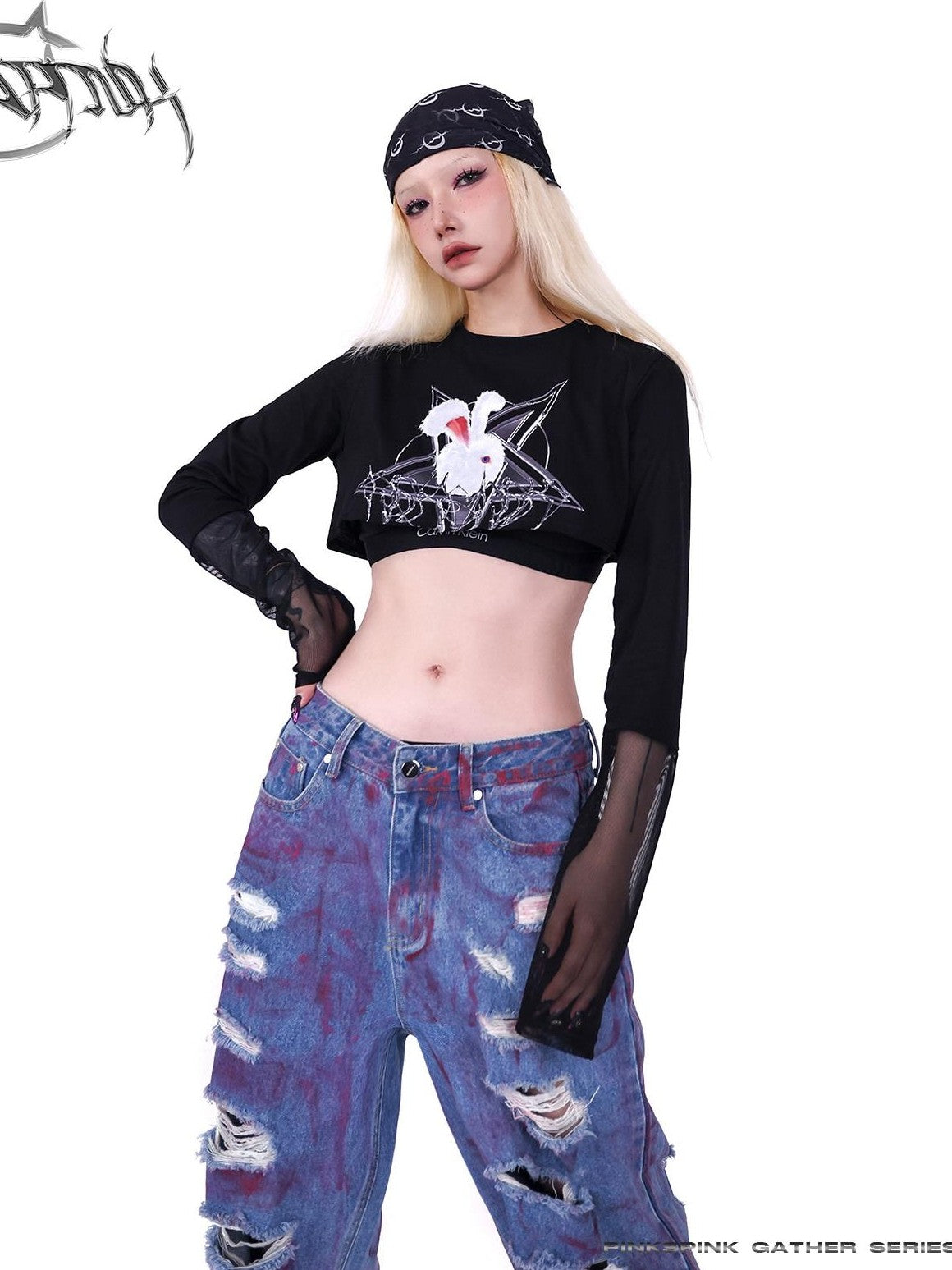 PINKSPINK Rock Rabbit Patchwork Mesh Zip Print Slim Women's Long Sleeve T-shirts