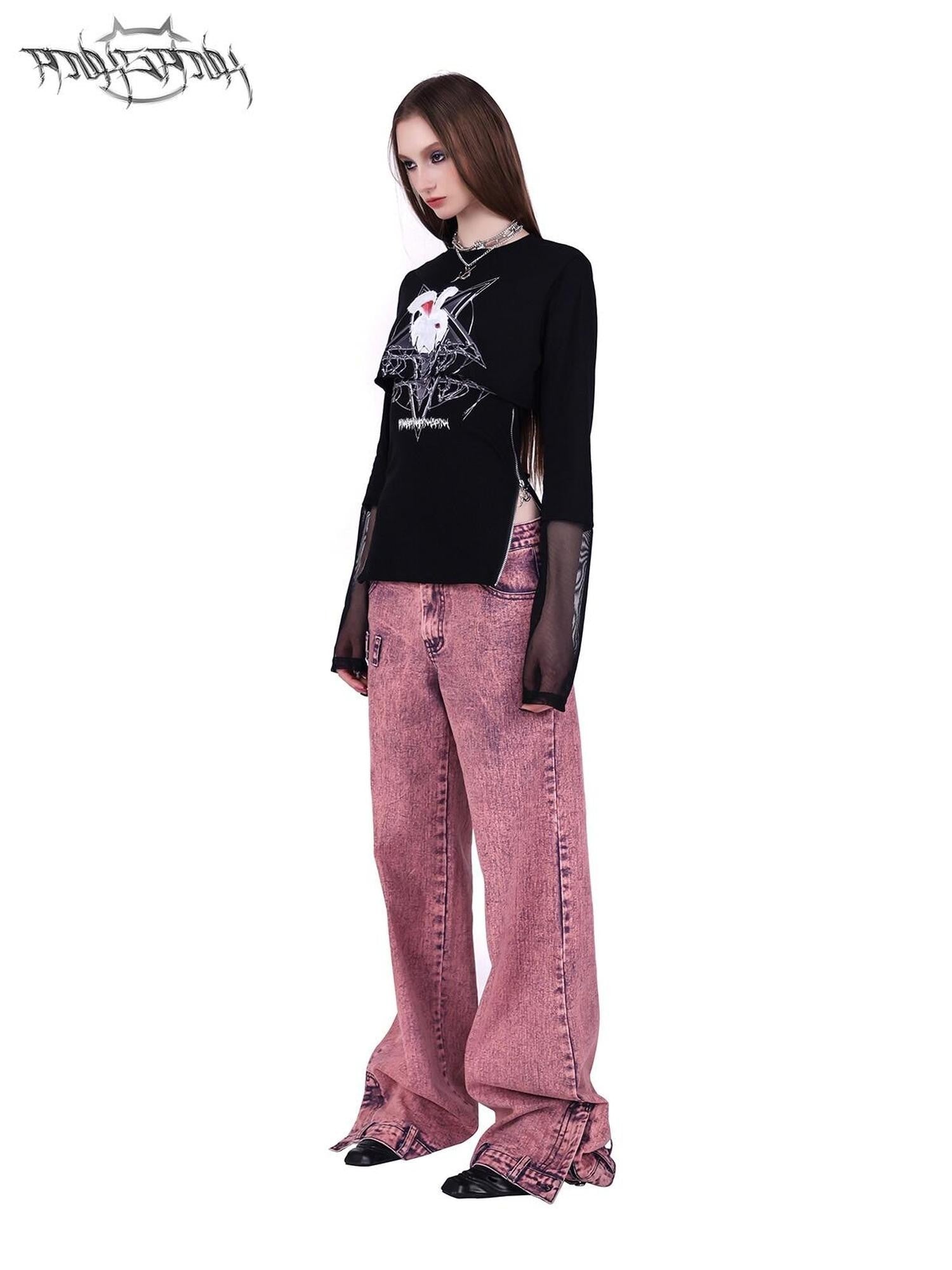 PINKSPINK Rock Rabbit Patchwork Mesh Zip Print Slim Women's Long Sleeve T-shirts