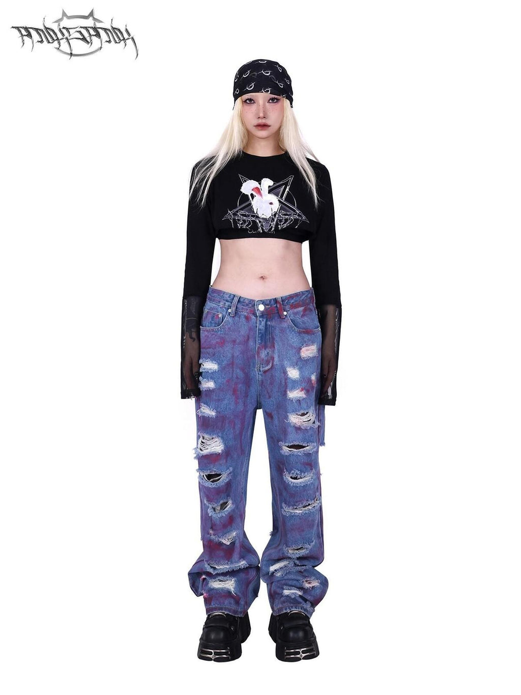 PINKSPINK Rock Rabbit Patchwork Mesh Zip Print Slim Women's Long Sleeve T-shirts
